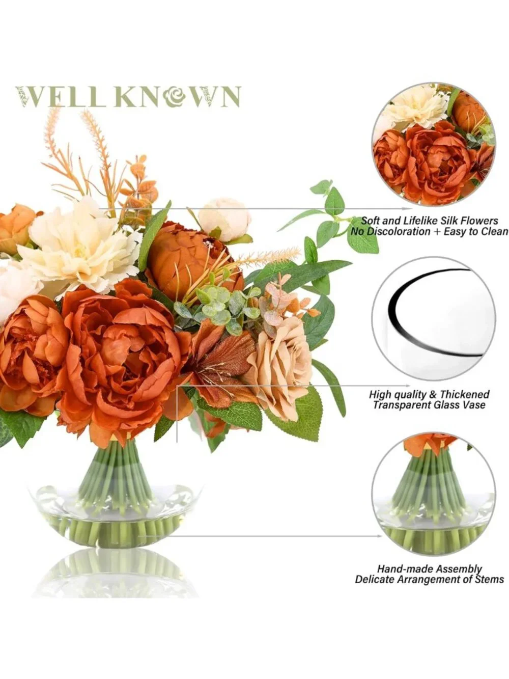Stunning Burnt Orange & Champagne Artificial Flowers in Elegant Vase - Home